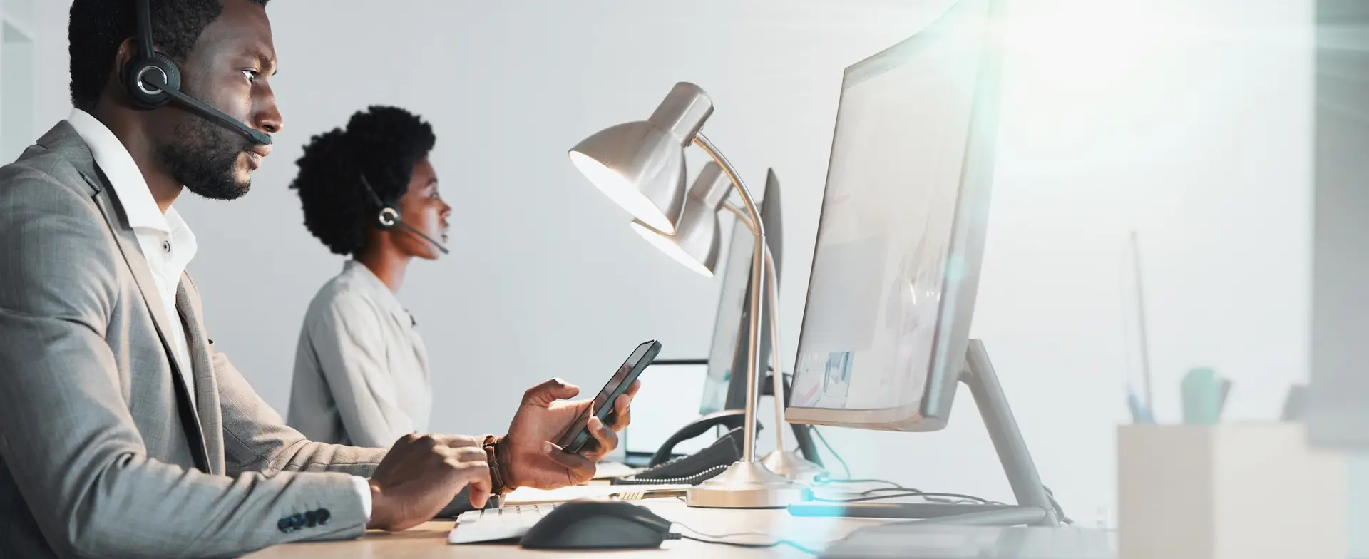 Customer support team, communication and computer consultant on telecom microphone, CRM software or
